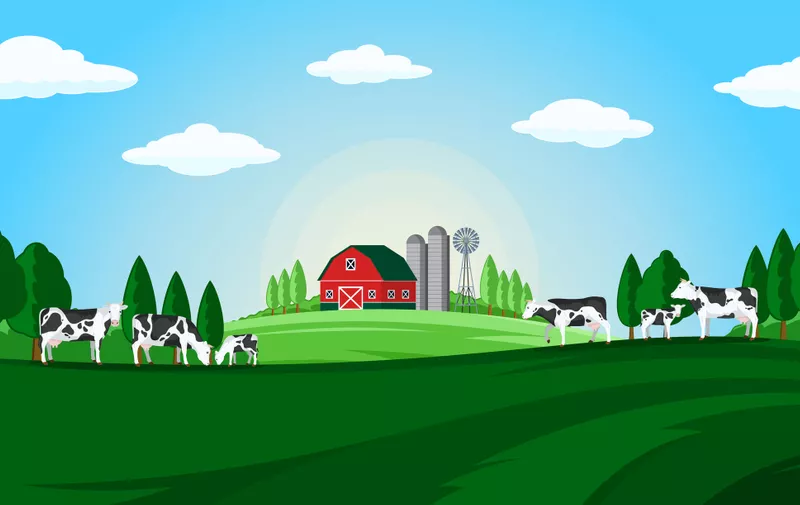Vector summer rural landscape with farm, cows and calves.