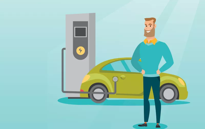 Young caucasian man charging electric car at charging station. Man standing near power supply for electric car. Charging of electric car. Vector flat design illustration. Horizontal layout.
