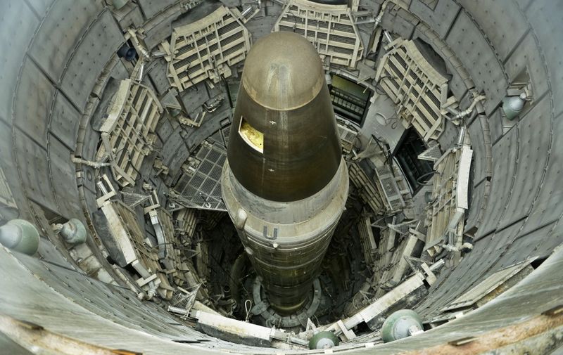 A deactivated Titan II  nuclear ICMB is seen in a silo at the Titan Missile Museum on May 12, 2015 in Green Valley, Arizona. The museum is located in a preserved Titan II ICBM launch complex and is devoted to educating visitors about the Cold War and the Titan II missile's contribution as a nuclear deterrent. AFP PHOTO/BRENDAN SMIALOWSKI (Photo by BRENDAN SMIALOWSKI / AFP)
