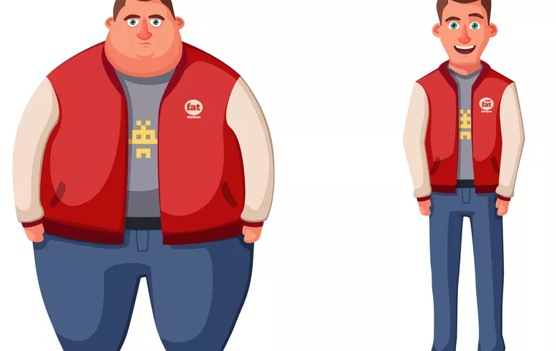 Sad fat man. Obese character. Fatboy. Cartoon vector illustration. Concept of weight. Funny cartoon character. Before and after (Sad fat man. Obese character. Fatboy. Cartoon vector illustration. Concept of weight. Funny cartoon character. Before and