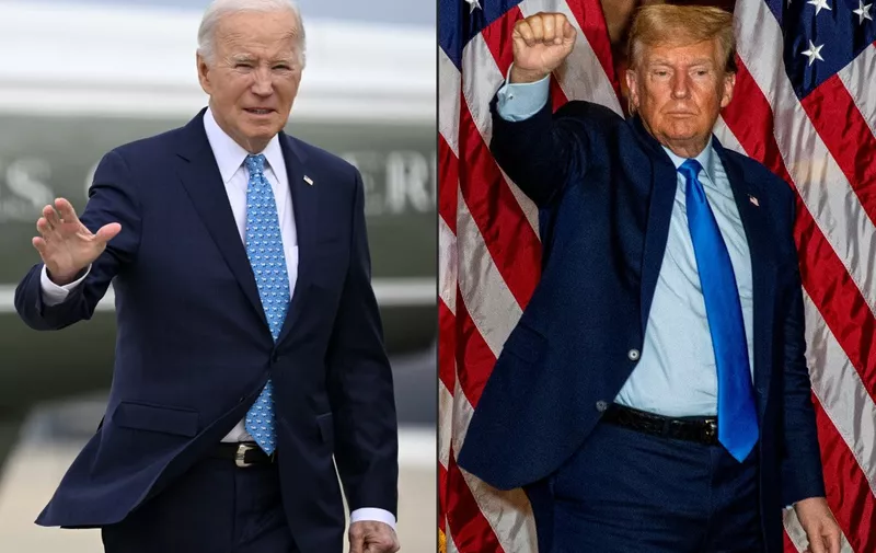 (COMBO) This combination of pictures created on March 06, 2024 shows US President Joe Biden in Maryland, on January 30, 2024 and former US president and 2024 presidential candidate Donald Trump in Claremont, New Hampshire, on November 11, 2023. Donald Trump marched March 6, 2024 towards a bitter rematch against President Joe Biden in November as his final Republican rival Nikki Haley thew in the towel after a thumping defeat in the "Super Tuesday" primaries. (Photo by ANDREW CABALLERO-REYNOLDS and JOSEPH PREZIOSO / AFP)