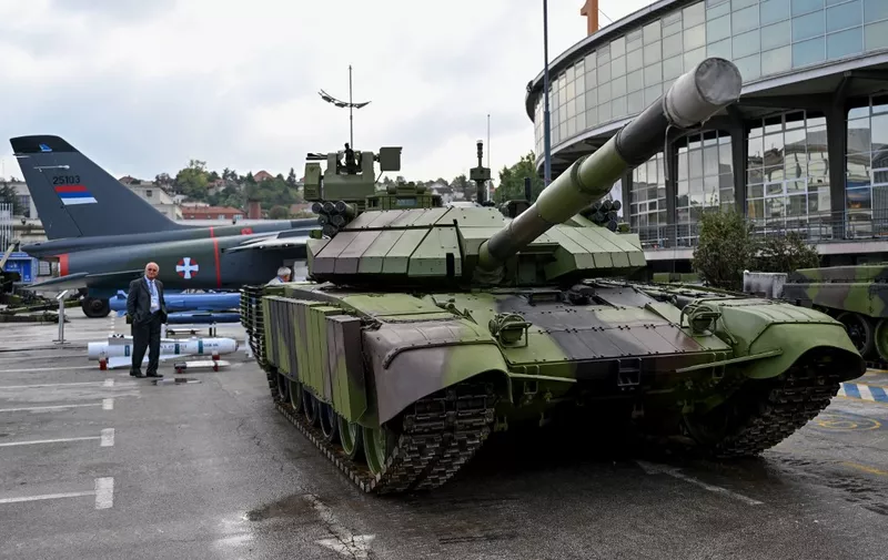 A photograph shows the M84-AS2 battle tank displayed at the 11th International Armament and Military Equipment Fair  PARTNER 2023, in Belgrade on September 25, 2023. (Photo by Andrej ISAKOVIC / AFP)