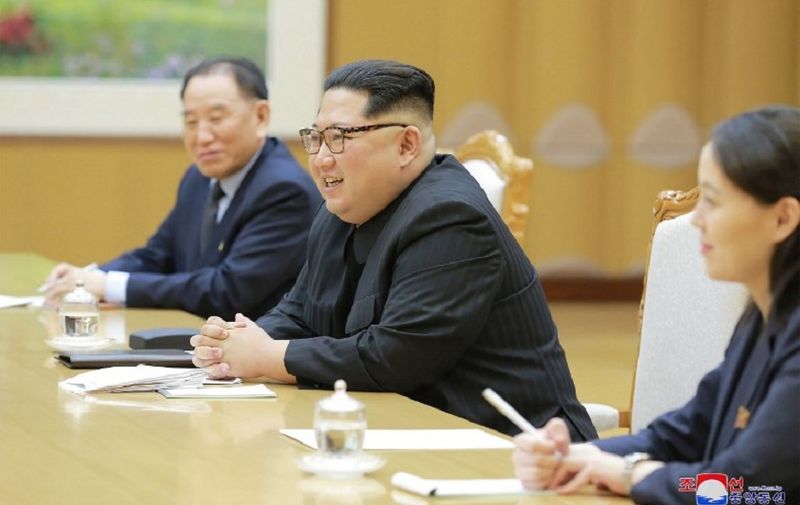 This picture taken on March 5, 2018 and released from North Korea's official Korean Central News Agency (KCNA) on March 6, 2018 shows North Korean leader Kim Jong-Un (C) meeting with South Korean delegation, who travelled as envoys of the South's President Moon Jae-in, in Pyongyang.   
North Korean leader Kim Jong Un discussed ways to ease tensions on the peninsula with visiting South Korean envoys, the state KCNA news agency reported on March 6. / AFP PHOTO / KCNA VIA KNS / STR / / AFP PHOTO / KCNA VIA KNS / STR / SOUTH KOREA OUT / REPUBLIC OF KOREA OUT   ---EDITORS NOTE--- RESTRICTED TO EDITORIAL USE - MANDATORY CREDIT "AFP PHOTO/KCNA VIA KNS" - NO MARKETING NO ADVERTISING CAMPAIGNS - DISTRIBUTED AS A SERVICE TO CLIENTS