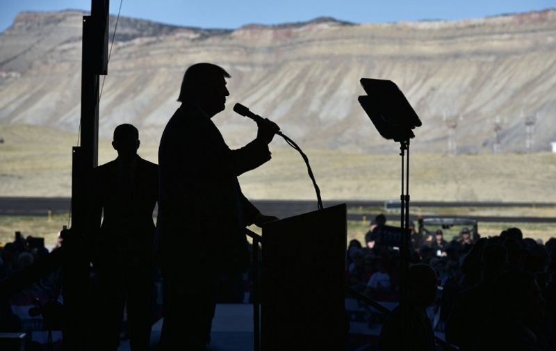 Republican presidential nominee Donald Trump speaks during a rally at West Star Aviation in Grand Junction, Colorado on October 18, 2016. / AFP PHOTO / MANDEL NGAN