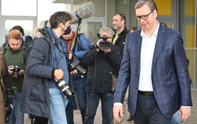 President of Serbia, Aleksandar Vucic leaves after casting his vote, at voting station in Serbian capital, Belgrade, on general elections day, April 3, 2022. (Photo by ELVIS BARUKCIC / AFP)