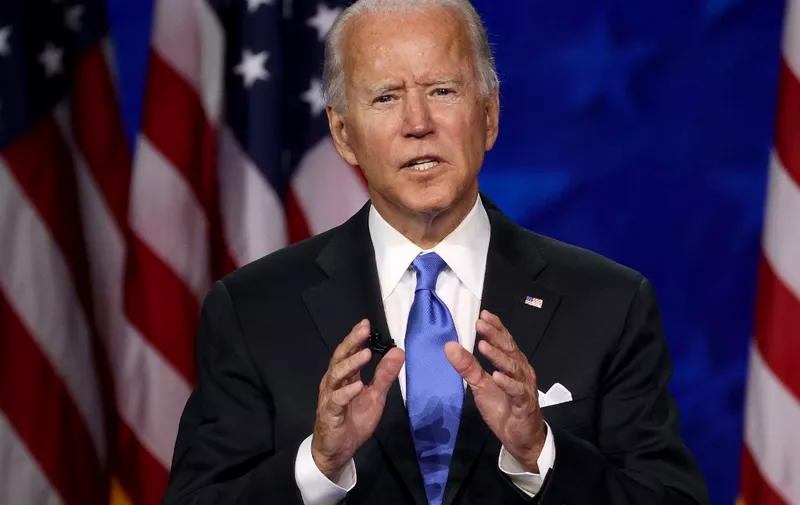 WILMINGTON, DELAWARE - AUGUST 20: Democratic presidential nominee Joe Biden delivers his acceptance speech on the fourth night of the Democratic National Convention from the Chase Center on August 20, 2020 in Wilmington, Delaware. The convention, which was once expected to draw 50,000 people to Milwaukee, Wisconsin, is now taking place virtually due to the coronavirus pandemic.   Win McNamee/Getty Images/AFP