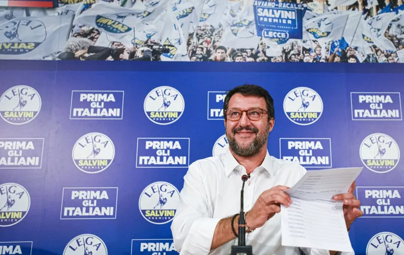 Head of the Lega party, Italian senator Matteo Salvini addresses a press conference at the Lega headquarters in Milan, Italy, on September 21, 2020 within a nationwide referendum vote on cutting parliament numbers, and regional elections held at the same time. (Photo by Piero CRUCIATTI / AFP)