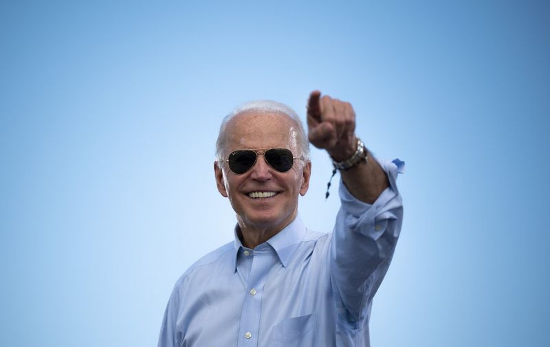 Democratic Presidential candidate and former US Vice President Joe Biden gestures prior to delivering remarks at a Drive-in event in Coconut Creek, Florida, on October 29, 2020. (Photo by JIM WATSON / AFP)