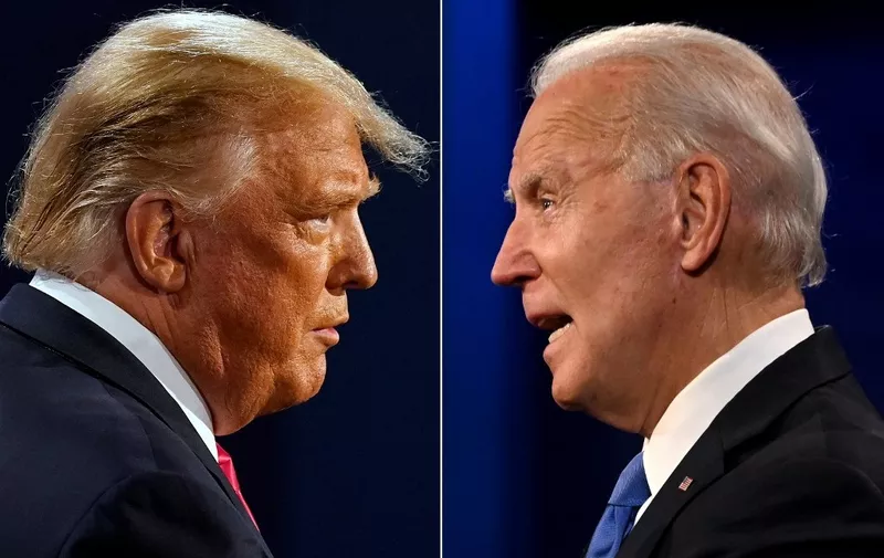 (COMBO) This combination of pictures created on October 22, 2020 shows US President Donald Trump (L) and Democratic Presidential candidate and former US Vice President Joe Biden during the final presidential debate at Belmont University in Nashville, Tennessee, on October 22, 2020. (Photo by Morry GASH and JIM WATSON / AFP)