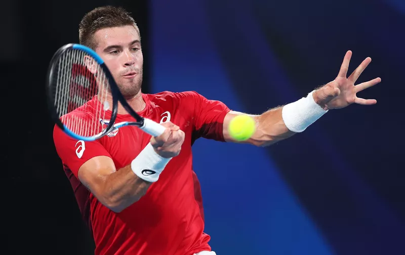 SYDNEY, AUSTRALIA - JANUARY 08: Borna Coric of Croatia plays a forehand during his Group E singles match against Diego Schwartzman of Argentina during day six of the 2020 ATP Cup Group Stage at Ken Rosewall Arena on January 08, 2020 in Sydney, Australia. (Photo by Cameron Spencer/Getty Images)