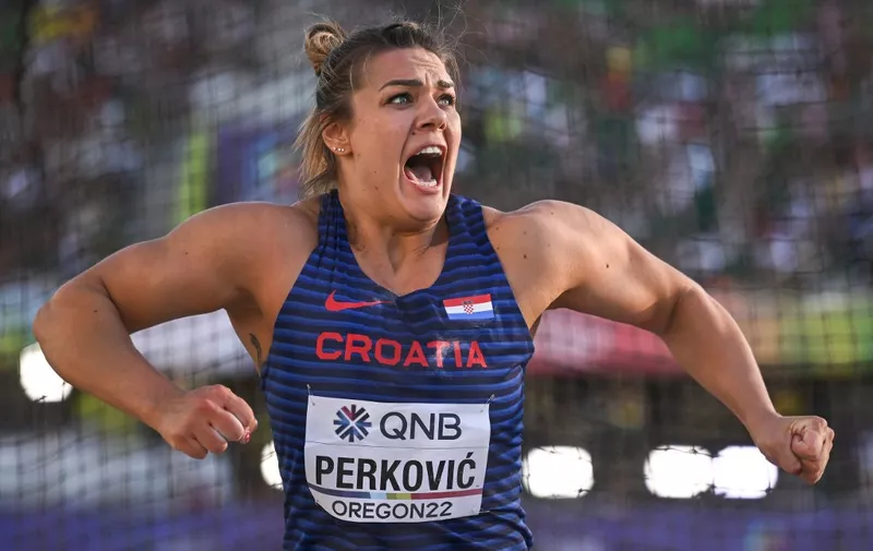 Croatia's Sandra Perkovic competes in the women's discus throw final during the World Athletics Championships at Hayward Field in Eugene, Oregon on July 20, 2022. (Photo by Ben Stansall / AFP)