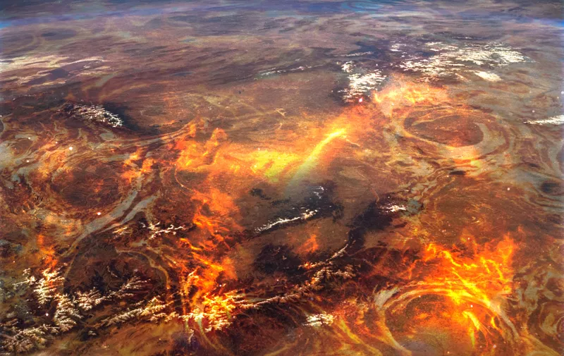 Yellowstone apocalyptic collage in lava. Satellite view. Elements of this image furnished by NASA.