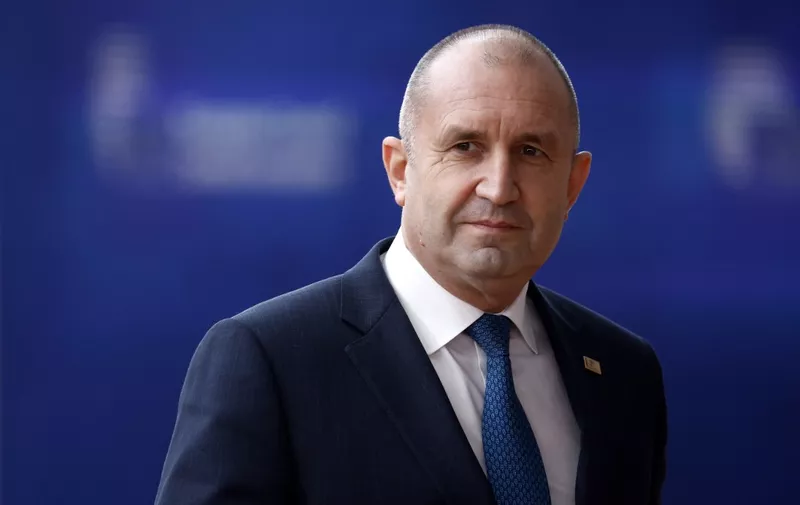 Bulgaria's president Rumen Radev arrives for a EU Summit, at the EU headquarters in Brussels, on March 23, 2023. The two-day summit of the 27 European Union leaders in Brussels aims to build on previous European Council meetings where EU leaders will discuss the latest developments including continued EU support for Ukraine, the economy, energy, and migration. (Photo by Kenzo TRIBOUILLARD / AFP)