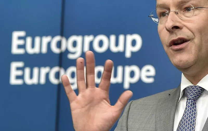 Dutch Finance Minister and Eurogroup president Jeroen Dijsselbloem gives a joint press conference with Financial Affairs, Taxation and Customs Commissioner (unseen) during an Eurogroup Summit meeting on June 22, 2015  at EU Headquarters in Brussels. AFP PHOTO/JOHN THYS