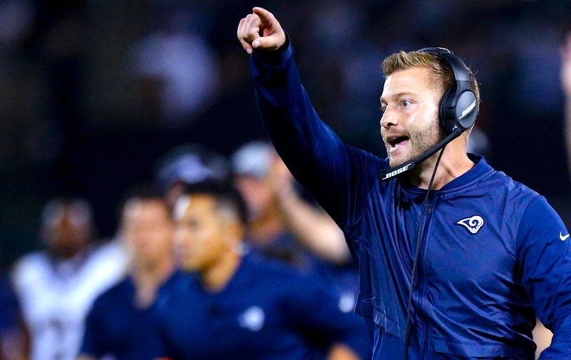 Sep 10, 2018; Oakland, CA, USA; Los Angeles Rams head coach Sean McVay reacts after calling a timeout against the Oakland Raiders in the second quarter at Oakland Coliseum., Image: 386190058, License: Rights-managed, Restrictions: *** World Rights *** No Tabloids ***, Model Release: no, Credit line: Profimedia, SIPA USA