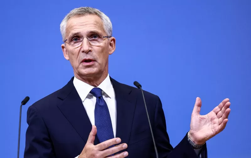 NATO Secretary General Jens Stoltenberg gives a press conference on Russia's annexation of four occupied regions in Ukraine, on September 30, 2022. - Russia on September 30, 2022 annexed four territories in Ukraine controlled by its army at a grand ceremony in the Kremlin. (Photo by Kenzo TRIBOUILLARD / AFP)