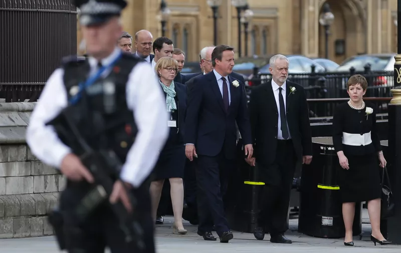 Prime Minister David Cameron (centre) and Labour Leader Jeremy Corbyn (centre right) process from the Houses of Parliament to St Margaret's Church, London, for a service of prayer and remembrance to commemorate Jo Cox MP., Image: 291884080, License: Rights-managed, Restrictions: , Model Release: no, Credit line: Profimedia, Press Association