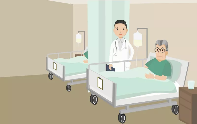 Senior male patient resting in hospital. Old man lying in a hospital bed. Vector Illustration.