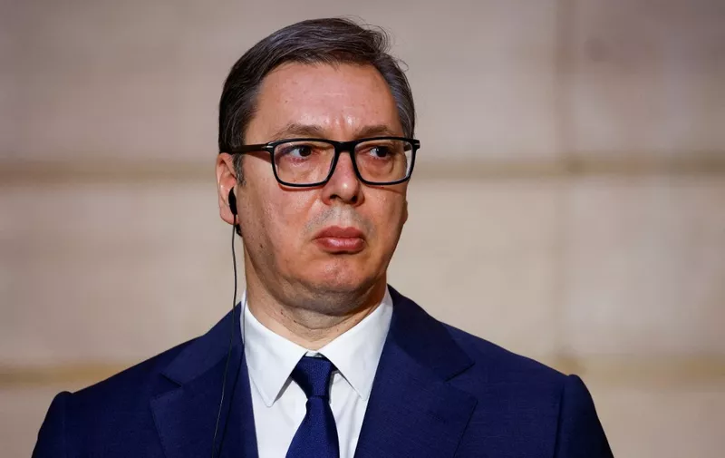 Serbia's President Aleksandar Vucic looks on during a joint statement with France's President ahead of a working dinner at the presidential Elysee Palace in Paris on April 8, 2024. The two heads of state are expected to discuss issues including Serbia's European integration and relations between Belgrade and Kosovo. (Photo by Sarah Meyssonnier / POOL / AFP)