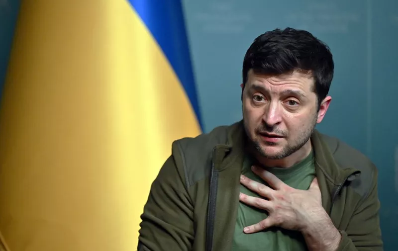 Ukrainian President Volodymyr Zelensky speaks during a press conference in Kyiv on March 3, 2022. - Ukraine President Volodymyr Zelensky called on the West on March 3, 2022, to increase military aid to Ukraine, saying Russia would advance on the rest of Europe otherwise. "If you do not have the power to close the skies, then give me planes!" Zelensky said at a press conference. "If we are no more then, God forbid, Latvia, Lithuania, Estonia will be next," he said, adding: "Believe me." (Photo by Sergei SUPINSKY / AFP)