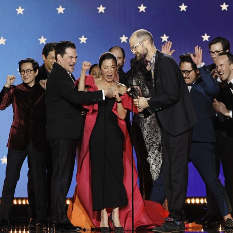 LOS ANGELES, CALIFORNIA - JANUARY 15: (L-R) Shirley Kurata, Ke Huy Quan, Harry Shum Jr., Jonathan Wang, Michelle Yeoh, Daniel Scheinert, Daniel Kwan, Zak Stoltz, and Jon Read accept the Best Picture award for "Everything Everywhere All at Once" onstage during the 28th Annual Critics Choice Awards at Fairmont Century Plaza on January 15, 2023 in Los Angeles, California.   