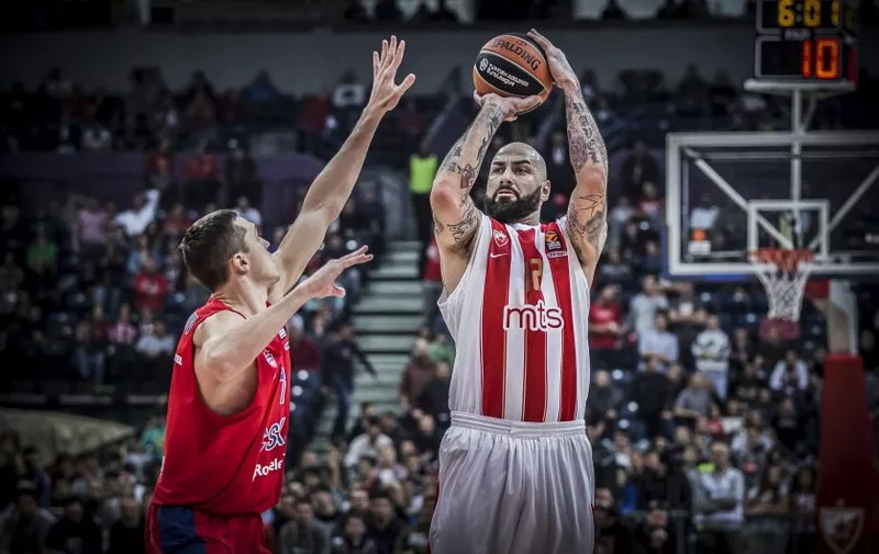 15th November 2017, Kombank Arena, Belgrade, Serbia; Turkish Airlines Euroleague Basketball, Crvena Zvezda mts Belgrade versus CSKA Moscow; Center Pero Antic of Crvena Zvezda mts Belgrade shoots for three points during the match, Image: 355446133, License: Rights-managed, Restrictions: , Model Release: no, Credit line: Profimedia, Actionplus