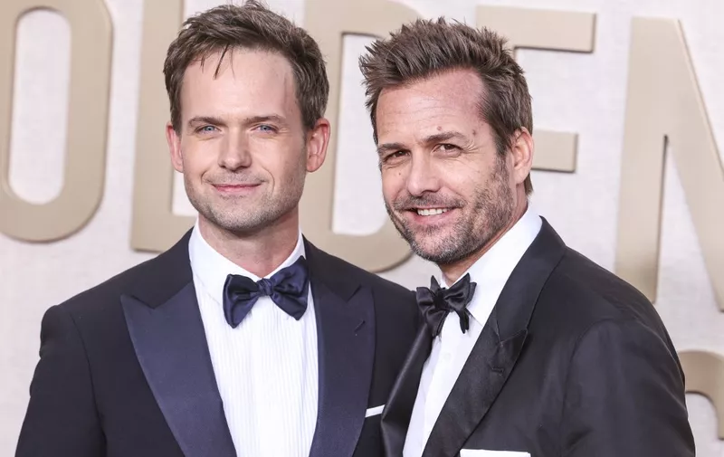 Patrick J. Adams and Gabriel Macht arrive at the 81st Annual Golden Globe Awards held at The Beverly Hilton Hotel on January 7, 2024 in Beverly Hills, Los Angeles, California, United States. (Photo by Xavier Collin/Image Press Agency/NurPhoto) (Photo by Image Press Agency / NurPhoto / NurPhoto via AFP)