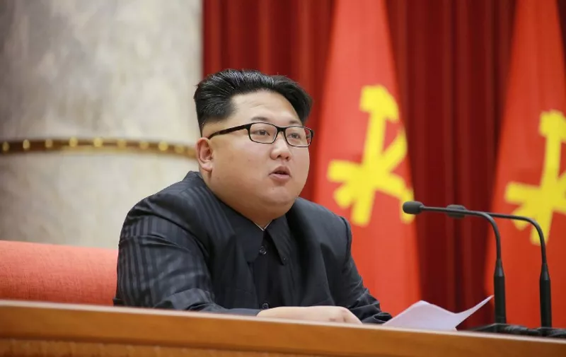 (FILES) This file photo taken by North Korea's official Korean Central News Agency (KCNA) on December 28, 2015 shows North Korean leader Kim Jong-Un attending the third meeting of activists in fisheries under the Korean People's Army (KPA) at the hall of the central committee of the Workers' Party of Korea (WPK) in Pyongyang.  
After four years of top-level reshuffles, purges and executions, Kim Jong-Un will formally cement his unassailable status as North Korea's supreme leader at a landmark ruling party congress this week May 2016. The first gathering of its kind for nearly 40 years is really a coronation of sorts -- recognising the young 33-year-old leader as the legitimate inheritor of the dynastic dictatorship started by his grandfather Kim Il-Sung and passed down through his late father Kim Jong-Il.
 / AFP PHOTO / KCNA VIA KNS / KCNA /  - South Korea OUT / REPUBLIC OF KOREA OUT   ---EDITORS NOTE--- RESTRICTED TO EDITORIAL USE - MANDATORY CREDIT "AFP PHOTO/KCNA VIA KNS" - NO MARKETING NO ADVERTISING CAMPAIGNS - DISTRIBUTED AS A SERVICE TO CLIENTS
THIS PICTURE WAS MADE AVAILABLE BY A THIRD PARTY. AFP CAN NOT INDEPENDENTLY VERIFY THE AUTHENTICITY, LOCATION, DATE AND CONTENT OF THIS IMAGE. THIS PHOTO IS DISTRIBUTED EXACTLY AS RECEIVED BY AFP.  /