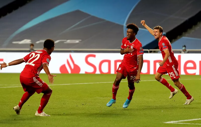 LISBON, PORTUGAL - AUGUST 23: Kingsley Coman of FC Bayern Munich celebrates after scoring his team's first goal during the UEFA Champions League Final match between Paris Saint-Germain and Bayern Munich at Estadio do Sport Lisboa e Benfica on August 23, 2020 in Lisbon, Portugal. (Photo by Miguel A. Lopes/Pool via Getty Images)