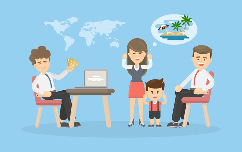 Family in travel agency. Happy parents and boy enjoy future travel.