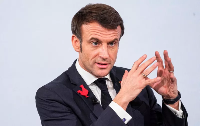 French President Emmanuel Macron gestures as he speaks during the French Tech event at the Elysee Palace in Paris, on February 20, 2023. (Photo by Michel Euler / POOL / AFP)