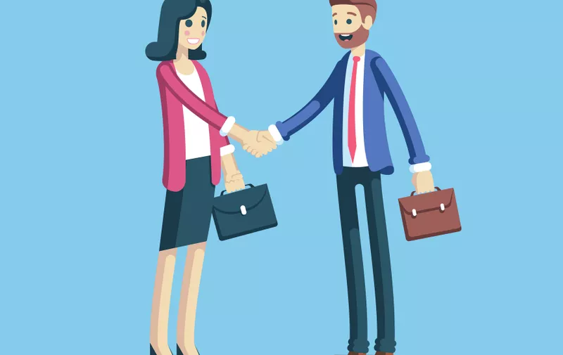 Businessman and businesswoman making a handshake as a sign of cooperation, partnership or agreement. Two employees concluding a successful deal shaking hands vector flat illustration.