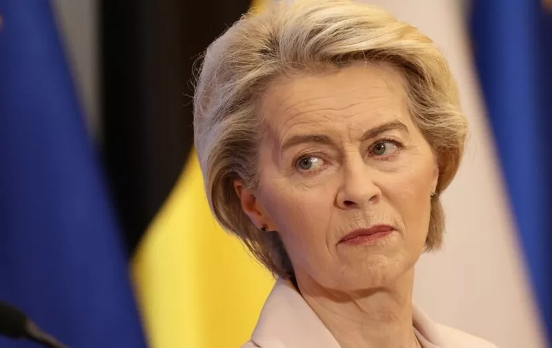 President of the European Commission Ursula von der Leyen during press conference after the meeting with Prime Minister of Poland Donald Tusk and Prime Minister of Belgium Alexander De Croo in Warsaw, Poland on February 23, 2024. (Photo by Jakub Porzycki/NurPhoto) (Photo by Jakub Porzycki / NurPhoto / NurPhoto via AFP)