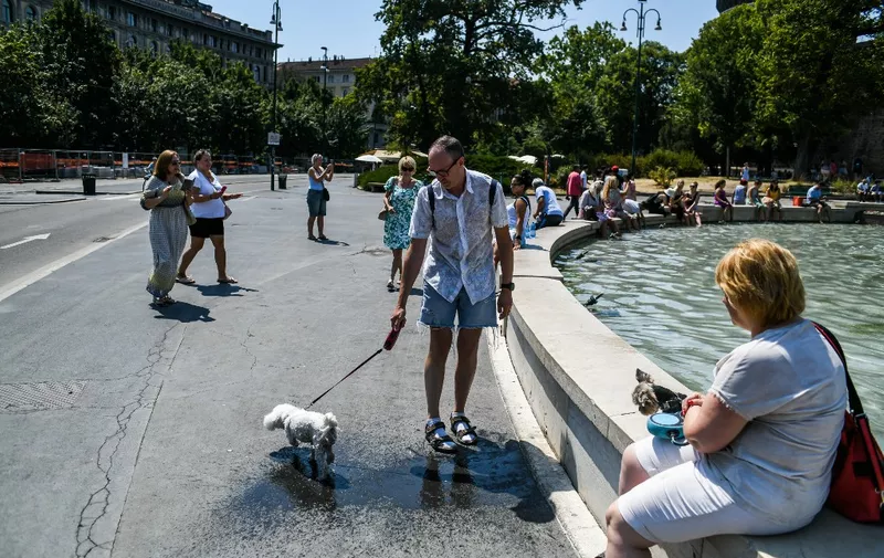 A man and his dog cool off in the fountain of Castello Sforzesco in Milan, on July 22, 2022 amid a fierce heatwave which sweeps Europe. (Photo by Piero CRUCIATTI / AFP)