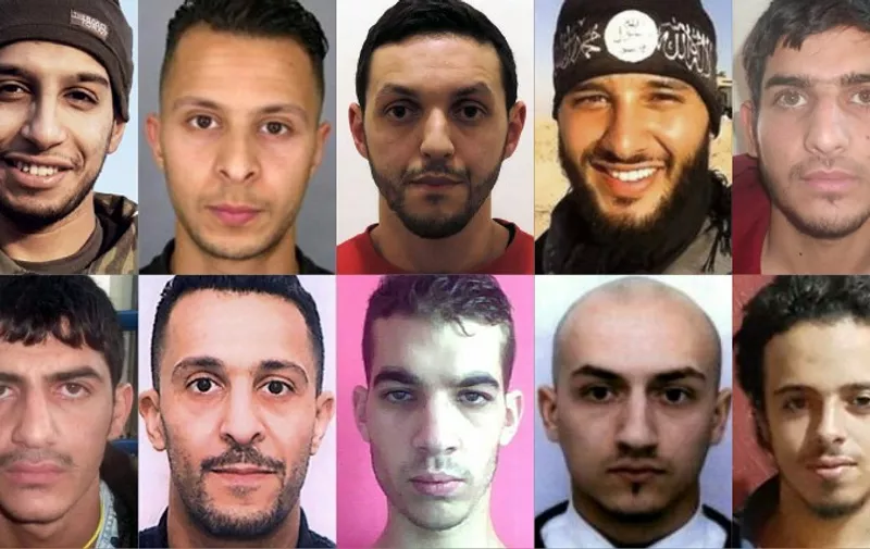 (COMBO) This combination of pictures created on December 10, 2015 in Paris shows the persons involved in the November 13 terror attacks in Paris. Suspected attacks mastermind Abdelhamid Abaaoud (top row, L) and Brahim Abdeslam (bottom row, 2nd L) took part in the Bars and restaurants shootings with a third unidentified man. Samy Amimour (bottom row, 2nd R), Omar Ismail Mostefai (bottom row, C) and Foued Mohamed Aggad (top row 2nd R), attacked the Bataclan concert hall. Bilal Hadfi (bottom row R), and two unidenfied men (top row R and bottom row L) blew themselves outside the Stade de France stadium. Salah Abdeslam (top row, 2nd L) may have conveyed the Stade de France attackers and is still on the run, aswell as Mohamed Abrini (top row, C) who have been seen with Salah Abdeslam on November 11. / AFP / Federal police AND HO
