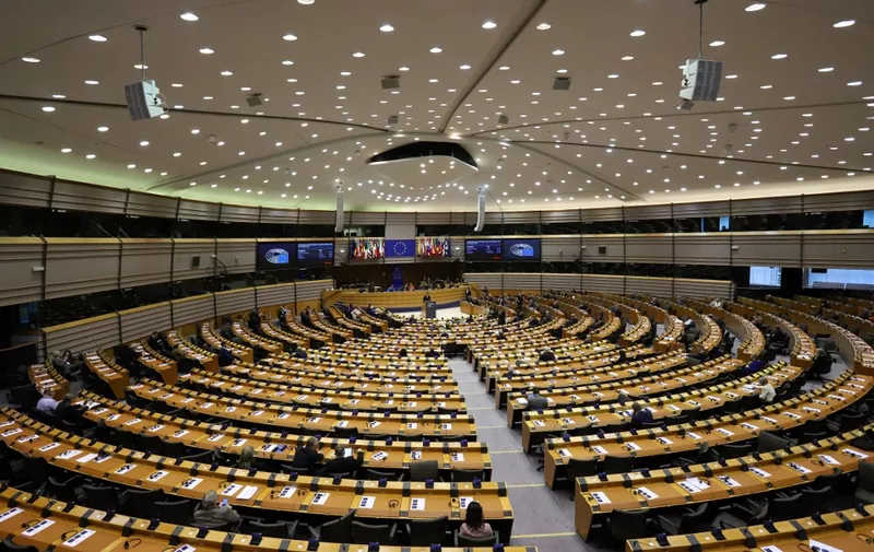 This photograph taken in Brussels on November 9, 2022 shows the Parliamentary hemicycle during a mini plenary session at the  European Parliament. (Photo by Valeria Mongelli / AFP)