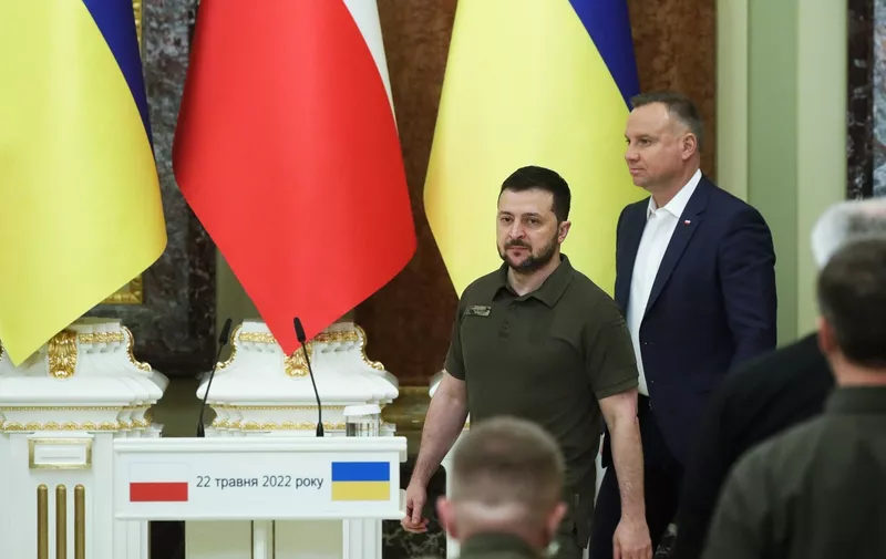 President of Ukraine Volodymyr Zelenskyy (front) and President of the Republic of Poland Andrzej Duda arrive for their joint press conference in Kyiv, capital of Ukraine. This photo cannot be distributed in the Russian Federation.
Press conference of Ukrainian and Polish Presidents in Kyiv, Ukraine - 22 May 2022,Image: 693535144, License: Rights-managed, Restrictions: , Model Release: no, Credit line: Profimedia