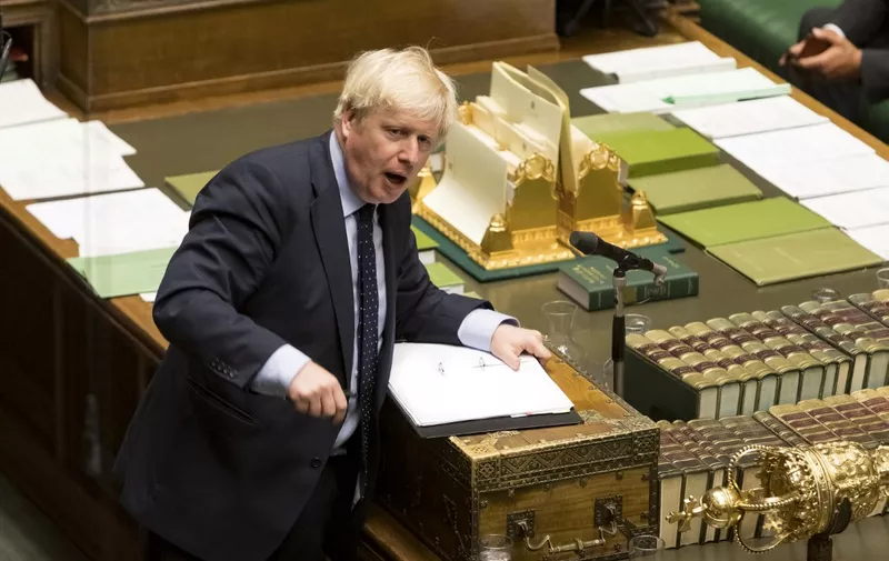 A handout photograph released by the UK Parliament shows Britain's Prime Minister Boris Johnson speaking in the House of Commons in London on September 3, 2019. (Photo by Roger Harris / UK PARLIAMENT / AFP) / RESTRICTED TO EDITORIAL USE - NO USE FOR ENTERTAINMENT, SATIRICAL, ADVERTISING PURPOSES - MANDATORY CREDIT " AFP PHOTO /ROGER HARRIS / UK Parliament"