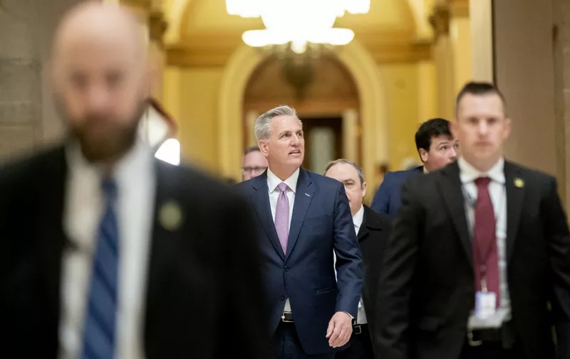US Speaker of the House Kevin McCarthy, Republican of California, walks to his office from the House Chamber at the US Capitol in Washington, DC, on March 1, 2023. (Photo by Stefani Reynolds / AFP)