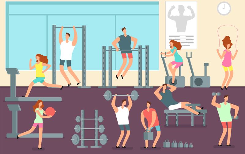 Woman and man doing various sports exercises in gym. Fitness indoor workout vector concept. Gym and fitness sport training, woman man workout or exercise illustration