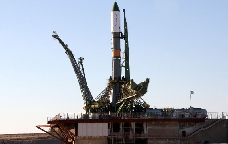 A Russian Soyuz-U booster carrying an unmanned cargo spacecraft Progress atop rises on a launch pad at the Russian leased Kazakhstan's Baikonur cosmodrome, on October 29, 2012. The launch of the Progress cargo spacecraft to the International Space Station (ISS) is scheduled on October 31. AFP PHOTO