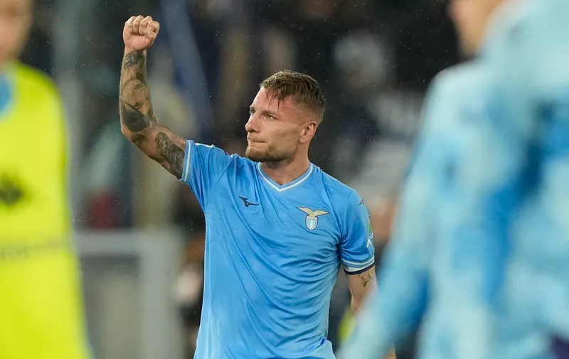 Lazio's Ciro Immobile celebrates after scoring his side's opening goal during the Serie A soccer match between Lazio and Fiorentina, at Rome's Olympic Stadium, Italy, Monday, Oct. 30, 2023. (AP Photo/Andrew Medichini)