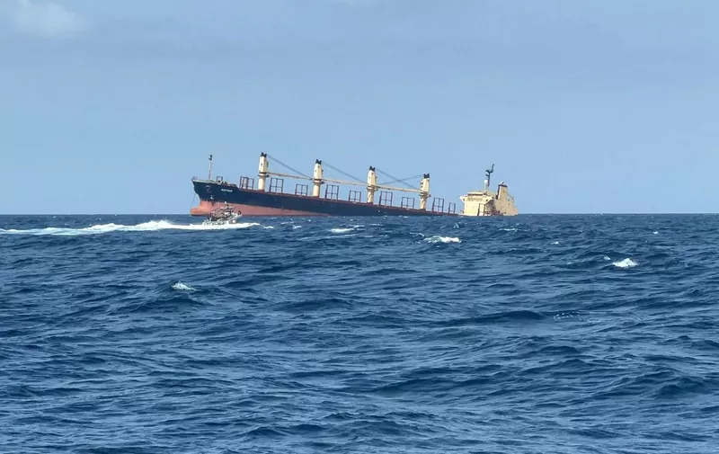 This picture taken on February 27, 2024 shows the Rubymar cargo ship sinking off the coast of Yemen. Rubymar, a Belize-flagged, British-registered and Lebanese-operated cargo ship carrying combustible fertilizer, was damaged in a missile strike on February 25 claimed by the Iran-backed Huthi rebels. (Photo by AFP)