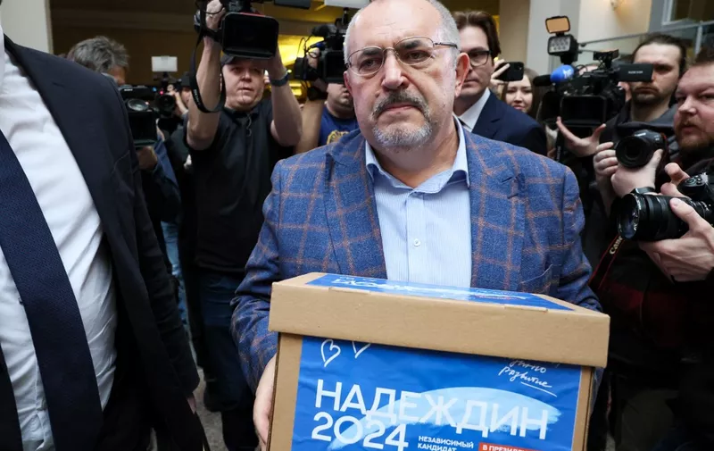 Boris Nadezhdin, the Civic Initiative Party presidential hopeful, arrives at the Central Election Commission to submit signatures collected in support of his candidacy, in Moscow on January 31, 2024. (Photo by Vera Savina / AFP)