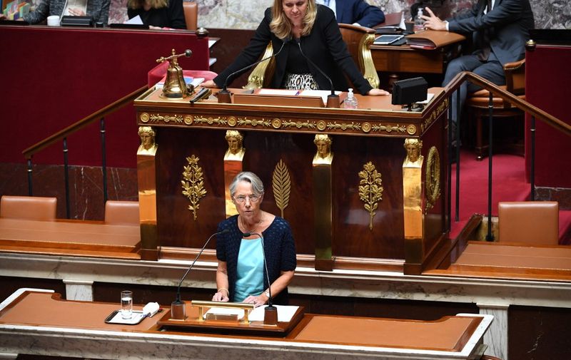 France's Prime Minister Elisabeth Borne speaks during a debate on a motion of censure filed by the New Popular Ecological and Social Union (Nupes) party at the French national assembly in Paris on July 11, 2022. - The motion of censure filed by the left-wing alliance Nupes, debated at the national Assembly, is "sewn of trial of intent", denounced on July 11, 2022 Elisabeth Borne. (Photo by Alain JOCARD / AFP)