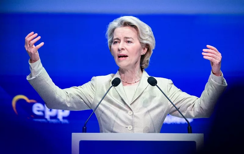 The President of the European Commission Ursula von der Leyen addresses the audience during a plenary session at the European People Party (EPP) Congress in Bucharest, Romania, on March 7, 2024. (Photo by Daniel MIHAILESCU / AFP)