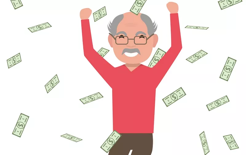 Vector illustration cartoon old man jumping for joy at the falling paper money. Happy grandfather won a prize, winning the lottery. Flat style. Male under rain of cash. Elderly man millionaire.