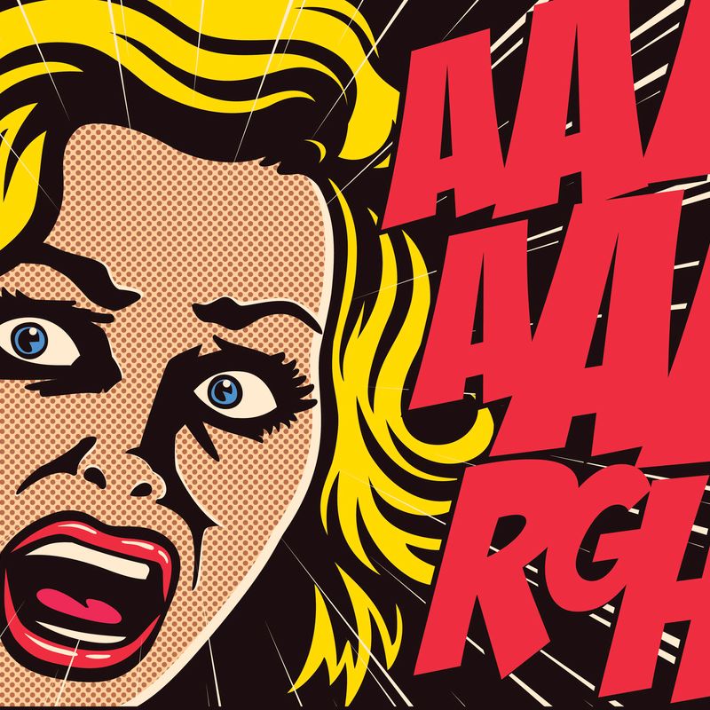 Pop Art style comic book panel with terrified woman in a panic screaming in fear vector illustration