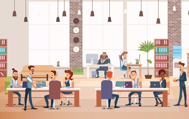 Coworking Workspace. Office Fun. People Work in Office. Happy Workers in Workplace. Men and Women Work. Corporate Culture in Company. Cheerful Working Day. Vector Flat Illustration.