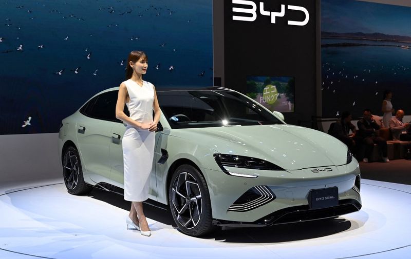 Chinese automaker BYD's sports sedan BYD SEAL is displayed during the press day of the Japan Mobility Show in Tokyo on October 25, 2023. (Photo by Kazuhiro NOGI / AFP)